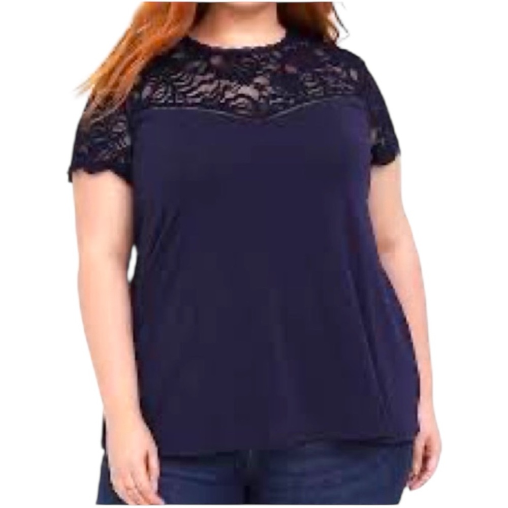 Torrid Navy Blue Lace Yolk Short Sleeve Fit Flare Top Size Large (Torrid Size 0)